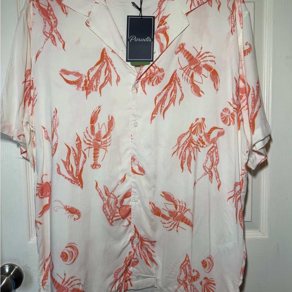Men’s Short-Sleeve Lobster Print Shirt - Cream with Coral